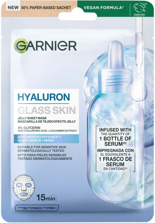 A Garnier Hyaluron glass skin mask packaging with a dropper bottle illustration and text describing the product.