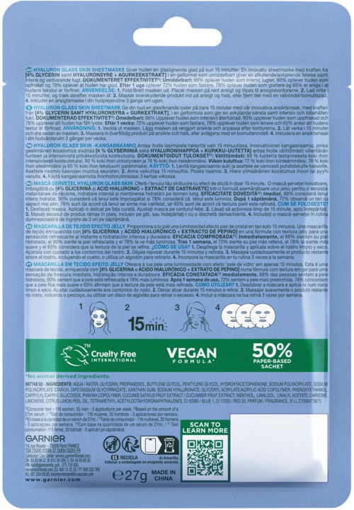 Blue packaging with text, icons, and a green band showing cruelty-free, vegan, 50% paper-based, and 15-minute use.