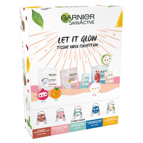 Garnier SkinActive kasvomaskipakkaus hehkuvalle iholle, sisältää erilaisia kangasnaamioita, värikäs ja ilahduttava muotoilu.