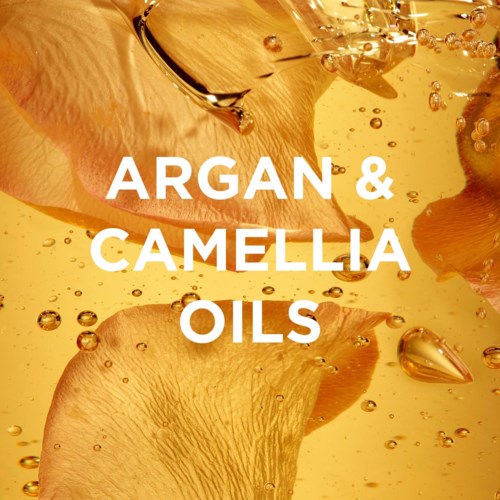 Tekst om argan- og kamelioljer over en bakgrunn av olje og blomsterblader.