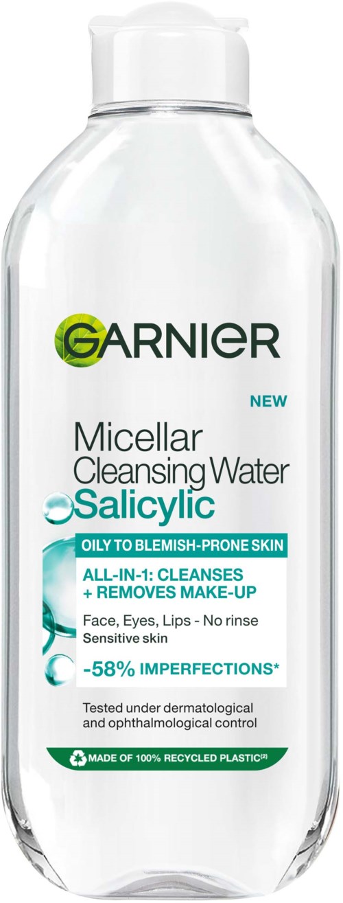 Garnier Micellar Puhdistusvesi rasvoittuvasta, epäpuhtaasta ihosta, poistaa meikin, puhdistaa ja sopii herkälle iholle.
