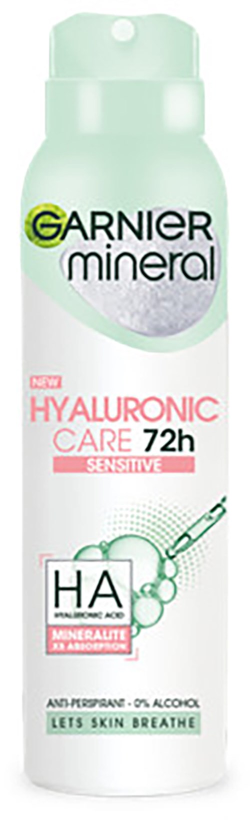 En hvid spraydåse med grøn og sort label til Garnier Mineral Hyaluronic Care sensitiv deodorant.