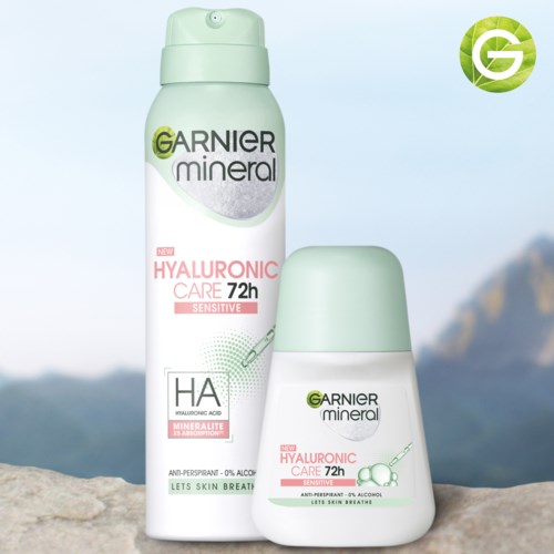 Garnier Mineral Hyaluronic Care deodorant indeholder spray og roll-on til følsom hud, giver 72 timers friskhed.