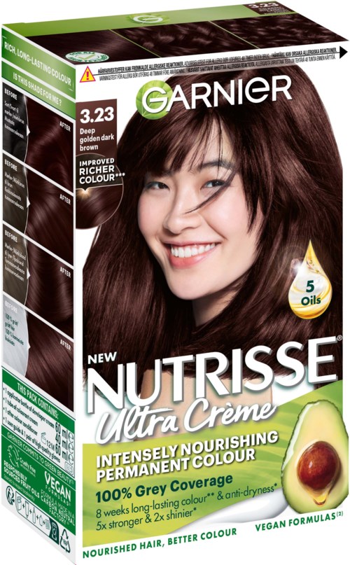 Packaging box with a smiling woman, hair dye product name, and avocado illustration, emphasizing nourishing, long-lasting color.