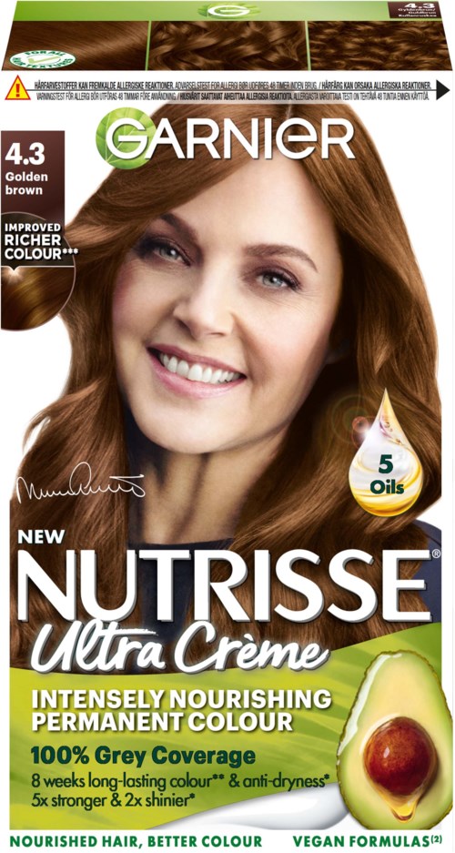 A woman with brown hair smiling on a hair dye box labeled 'Garnier Nutrisse Ultra Creme'.