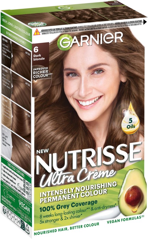 Die Packung zeigt eine Frau mit langem braunem Haar, die lächelt. Es ist Garnier-Haarkrämfärbung für dunkelblonde, ultra Creme, dauerhafte Farbe.