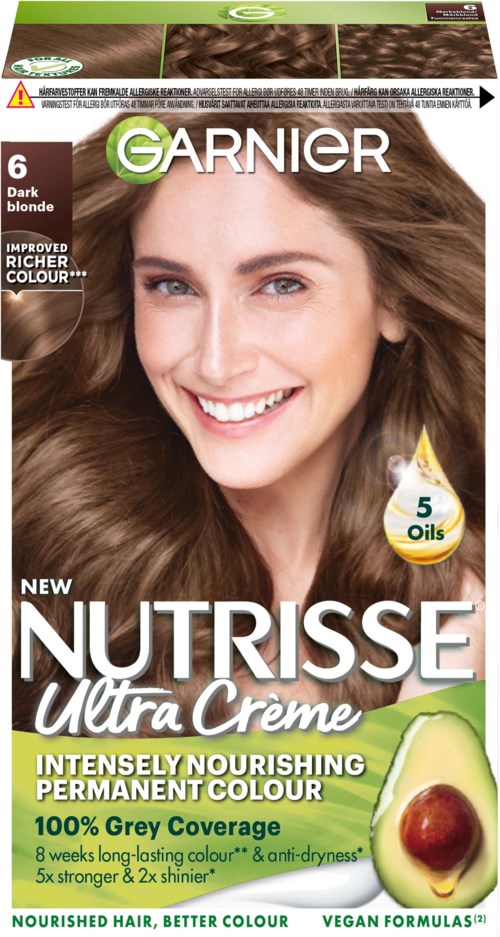 Garnier Nutrisse Ultra Crème Haarfarbe, zeigt eine lächelnde Frau mit braunen Haaren und eine Avocado mit Öltropfen.