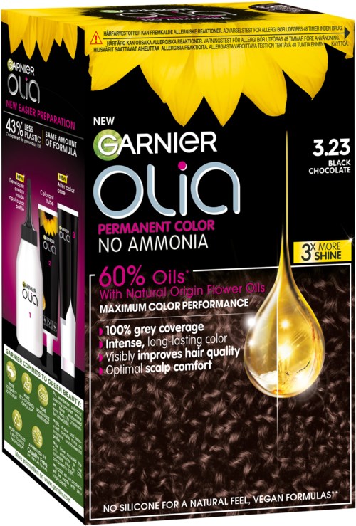 Pakkaus Garnier Olia pysyvälle hiusvärille, väri musta suklaa, auringonkukkakuviolla ja tuotteen hyödyillä.