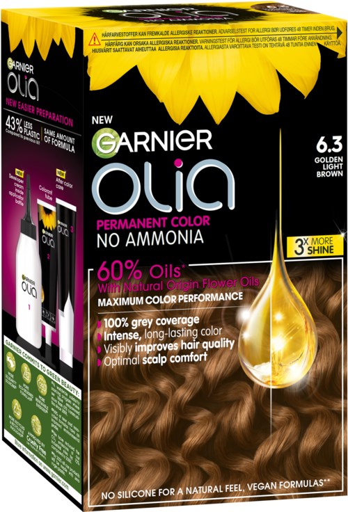 Box mit Garnier Olia dauerhafte Haarfarbe in goldblond, 60% Öle, natürliche Inhaltsstoffe, ohne Ammoniak.