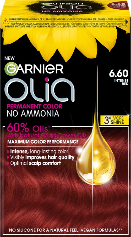 Förpackning för Garnier Olia hårfärg i röd nyans med solrosdesign och produktdetaljer.