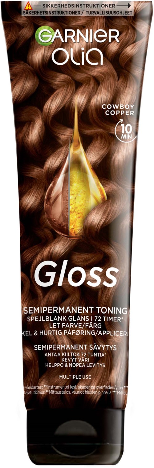 Garnier Olia Gloss Haartönungstube mit braunem Haar, goldener Tropfen und Produktdetails.