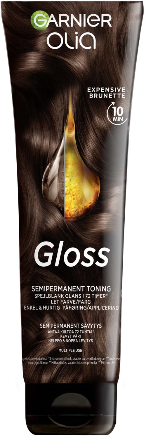 Garnier Olia Gloss Haarfärbetube mit dunkelbraunen Haar und einem Tropfen Öl auf der Verpackung.