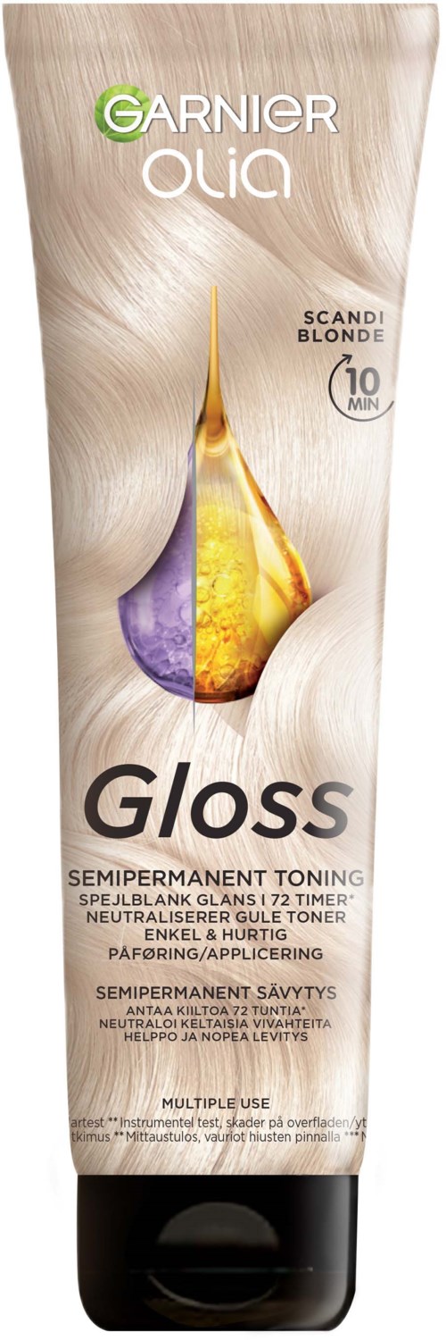 Garnier Olia Gloss semi-permanente Tönung in einer Tube mit Farbklecks und Blondhaare im Hintergrund.