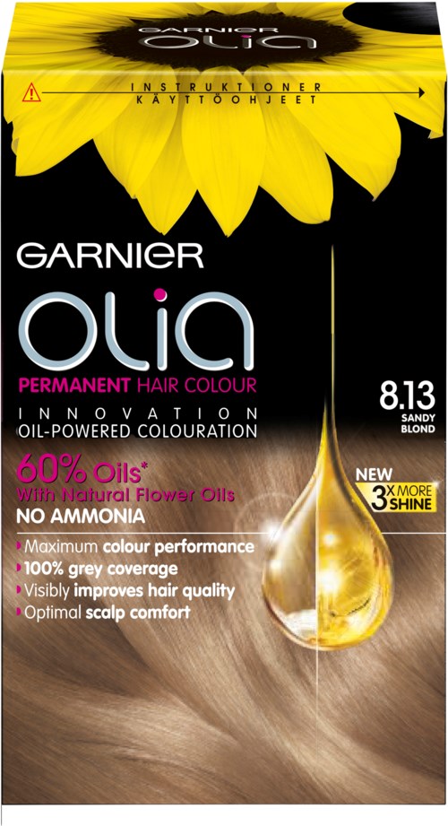 Gelbe Sonnenblume mit Haarfärbinformationen und Vorteilen auf der Verpackung.