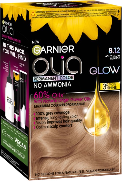 Verpackung von Garnier Olia Dauerfarbe mit Sonnenblumenbild, Informationen zu ölbasierter, langanhaltender Farbe und ohne Ammoniak.