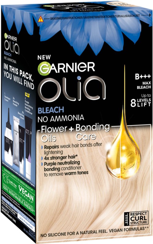 Förpackning med Garnier Olia hårrfärg med blom- och bindningsoljor, utan ammoniak, för mörkblont hår.