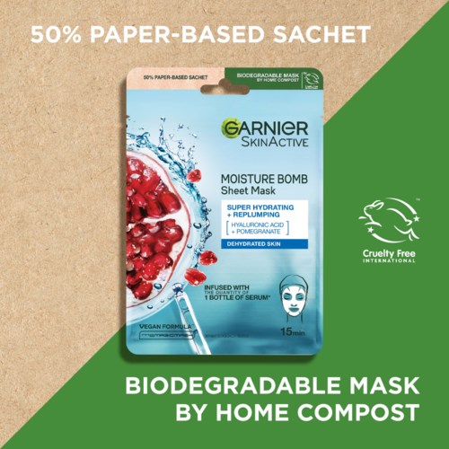 En pakkelabel til Garnier hudpleje, der viser en rød frugtssplash og nævner en biologisk neddbrydelig maske.