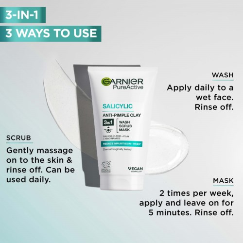 Garnier PureActive mask med tre användningar: skrubb, tvätt och mask. Används på ansiktet, skölj och kan användas dagligen.