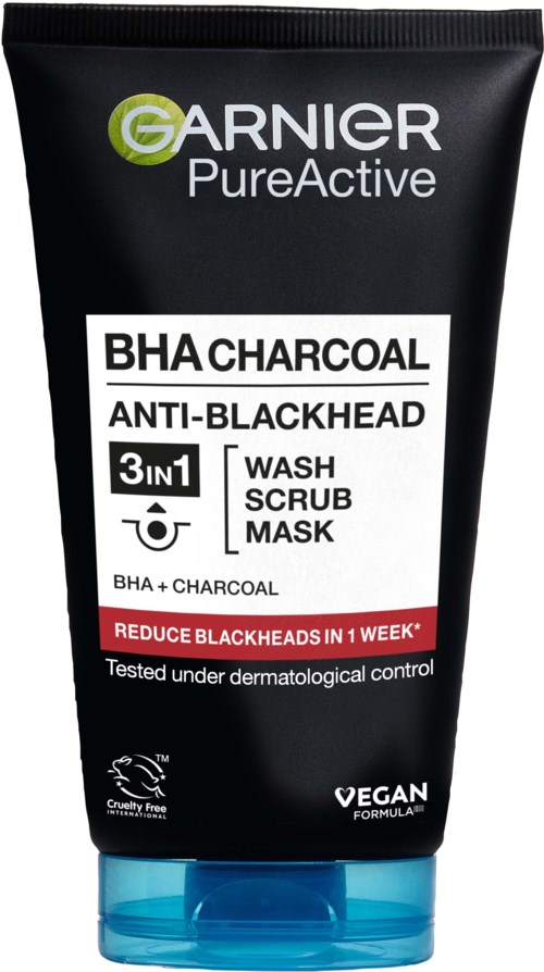 Eine schwarze Tube Garnier Pure Active BHA Charcoal Anti-Blackhead Wasch, Peeling und Maske mit blauer Kappe, fördert klare Haut.