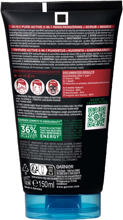 Eine Tubenverpackung für Hautpflege mit roten, schwarzen und grünen Etiketten, enthält Text und QR-Code.