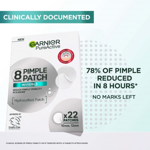 Garnier Pure Active kviser-plaster reduserer kviser raskt, med 22 hydrocolloid-plaster i boksen og uten merker.