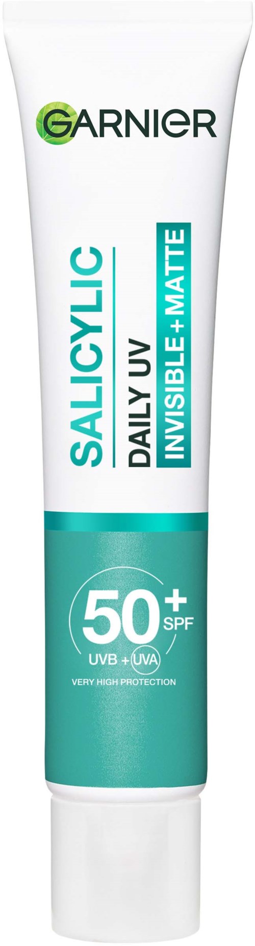 Ein weißer und tealfarbener Tube mit Garnier Sonnencreme, SPF 50+ und UV-Schutz.