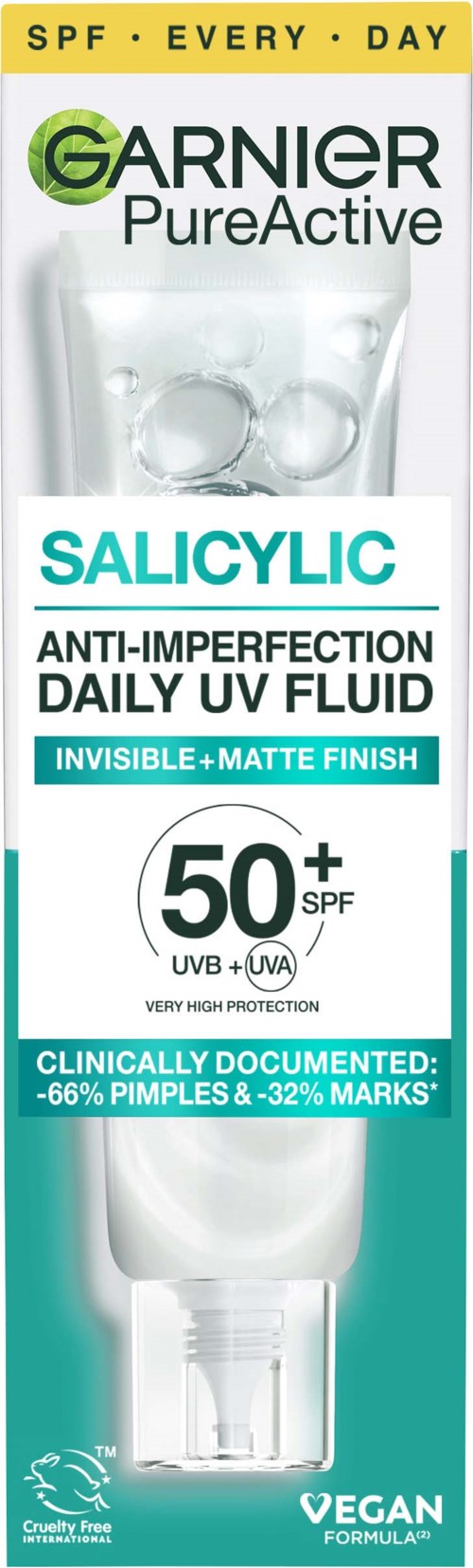 Garnier PureActive Salicylsäure Tagesfluid mit SPF 50+ gegen Unreinheiten, Narben, Hautschutz.