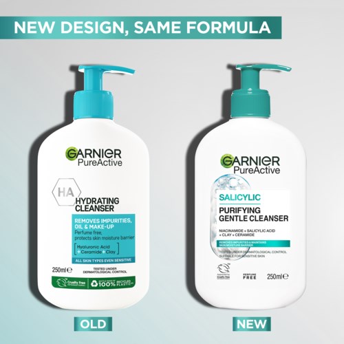 Två Garnier-rengöringsprodukter, en gammal och en ny, visar olika etiketter och designstilar för hudvård.