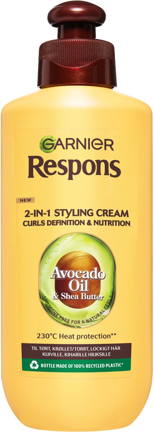 Gult lock av Garnier Respons styling cream med avokadoolja och shea smör, värmeskydd upp till 230°C.