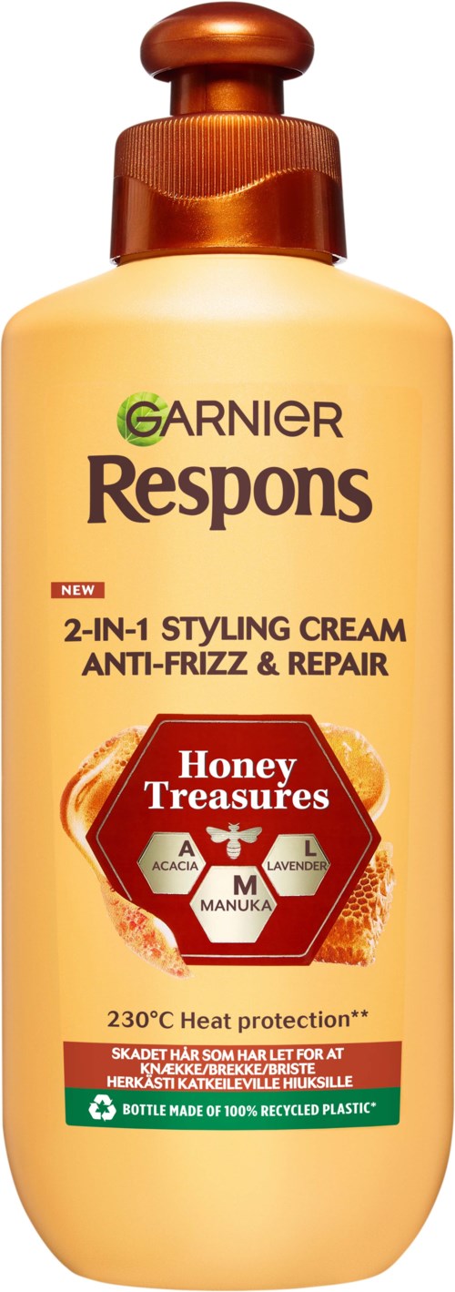 A yellow bottle of Garnier Respond 2-in-1 styling cream with a brown cap, honey treasure label, and heat protection mention.