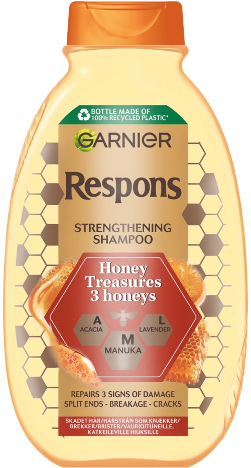 Garnier Respons honungschampo i en gul-orange flaska med honungsbise-design, innehåller tre sorters honung: acacia, manuka, lavendel.