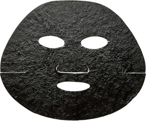 Eine schwarze Gesichtsmasken mit Augen-, Nasen- und Mundlöchern. Sie hat eine raue Textur.