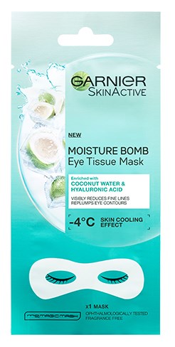 Garnier SkinActive fuktighetsbombe øye maske med kokosvann og hyaluronsyre, kjølende effekt, reduserer hevelse rundt øynene.