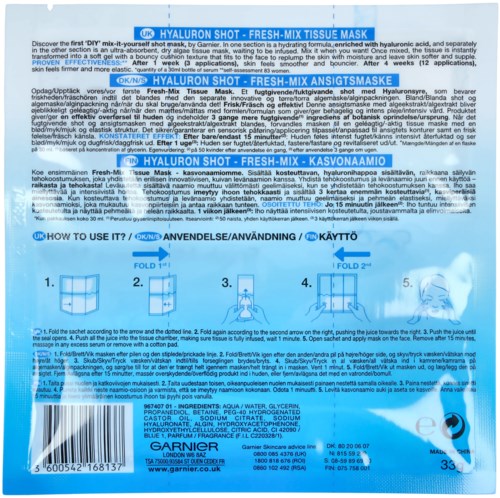 En blå och vit förpackningsetikett för en ansiktsmask, visar produktinformation, instruktioner och bilder för användning.