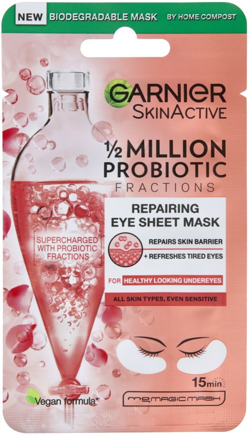 Packaging of Garnier SkinActive probiotic eye sheet mask, with details about its effects and usage time.