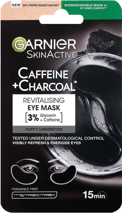 A black and white packaging for Garnier SkinActive eye mask with caffeine and charcoal, designed for revitalizing, refreshing, and energizing eyes.