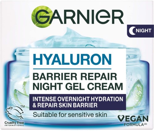 Garnier Hyaluron Barriere-Reparatur-Nachtgel-Creme für empfindliche Haut mit Gurke für nächtliche Hydratation und Hautreparatur.