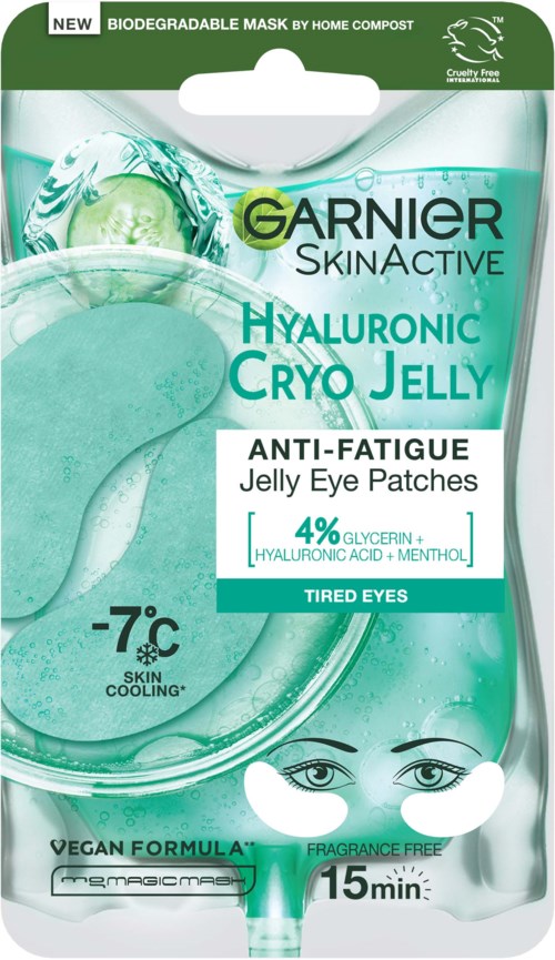 Dette er en pakke med Garnier SkinActive Hyaluronic Cryo Jelly øyepads for trete øyne, kjølende ved -7°C, rask bruk 15 minutter.