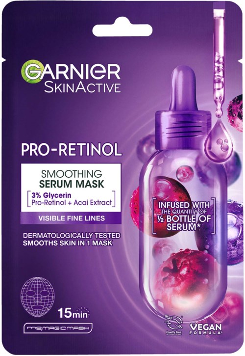 Garnier SkinActive Pro-Retinol Serum Maske mit lila Flasche und Pipette, mit Beeren, verspricht glatte Haut in 15 Minuten.