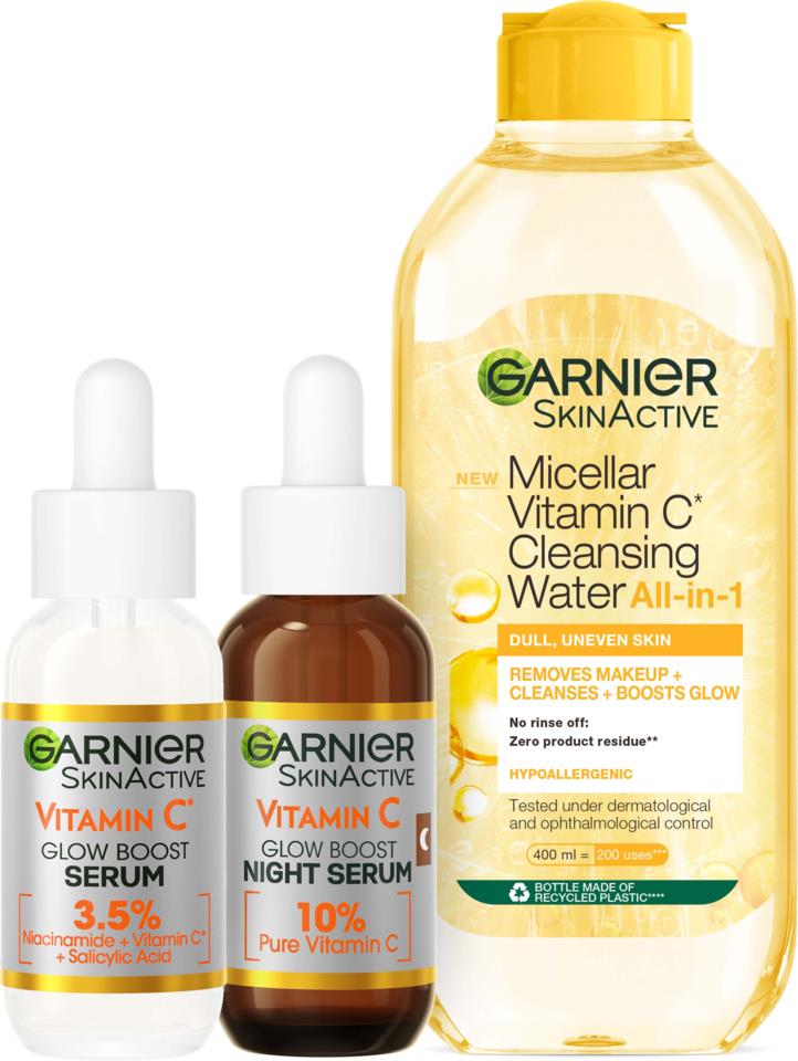 Garnier Vitamin C Skincare Trio Kit - Glow Boost Serum + Micellar Vitamin C Cleansing Water + Double Renew 10% Night Serum