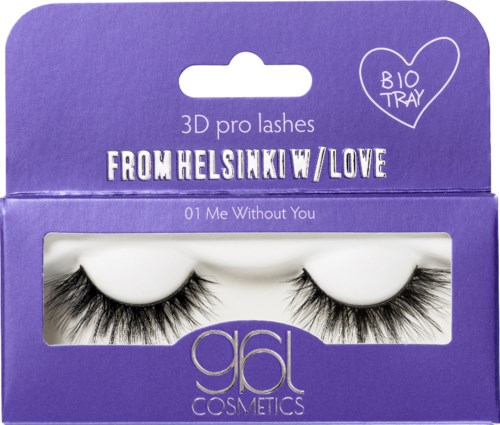 Øjenvippeæske med teksten "FROM HELSINKI LOVE," to 3D falske øjenvipper og lilla baggrund.