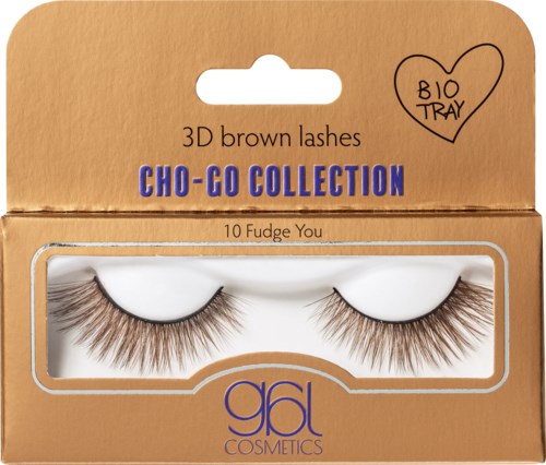 Förpackning med bruna ögonfransar som heter '3D brown lashes' från Cho-Go Collection i en bio-bricka.