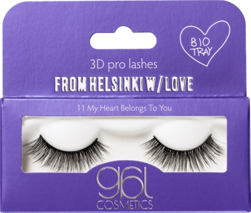 A purple box contains false eyelashes named '3D pro lashes,' with a heart reading 'BIO TRAY' and origin note 'FROM HELSINKI W/ LOVE.'
