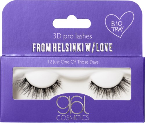 Lilla emballage til 3D Pro Lashes fra Helsinki Love, med en hjerteformet 'BIO TRAY'-skilt og øjenvipper.