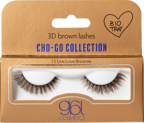 Ett paket bruna 3D-lösögonfransar från Cho-Go Collection i en beige box med ett genomskinligt fönster.