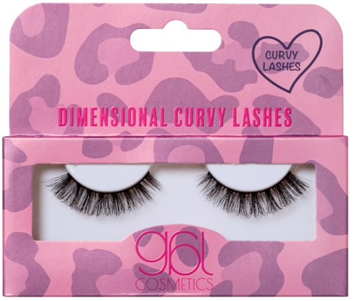 Pink packaging with leopard pattern, displaying false eyelashes labeled as "Dimensional Curvy Lashes" by GNL Cosmetics.