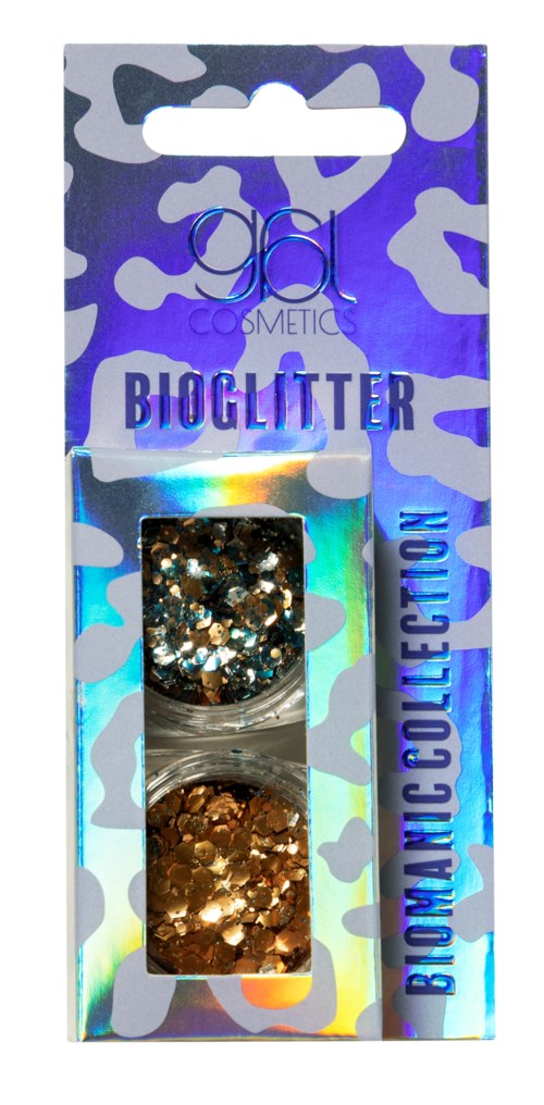Glansig svart och guld glitter i en liten behållare. Packningen har en lila camo bakgrund och fet text.