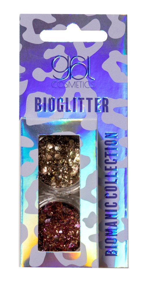 Två behållare med glittrande glitter, ett guld och ett rödaktigt, i förpackning med blå och kamouflage-design.