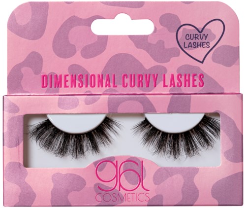 Pink packaging with leopard print design, showing false eyelashes inside and text about curved lashes. Gal Cosmetics logo present.