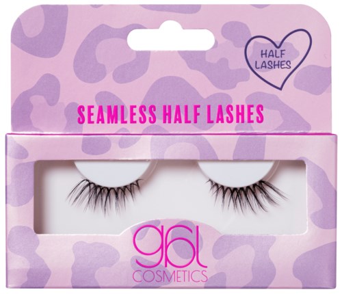 Eine Schachtel mit falschen Wimpern, beschriftet "Seamless Half Lashes" von GNL Cosmetics mit pinkem und violettem Tiermuster.